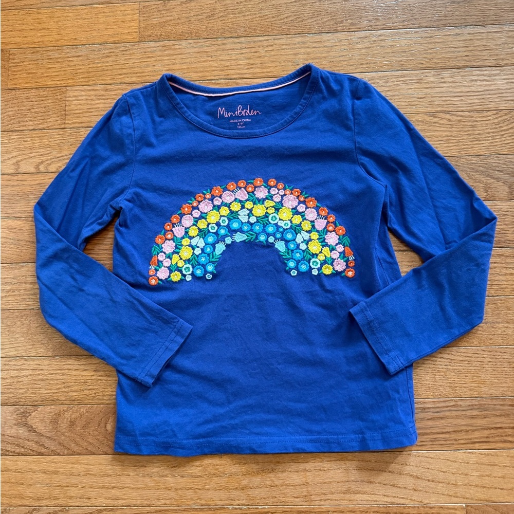 Mini Boden Rainbow Floral Embroidered Long Sleeve Tee 8/9